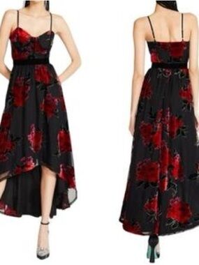 Betsey Johnson Black & Red Floral Velvet High-Low Dress Y2K NWT